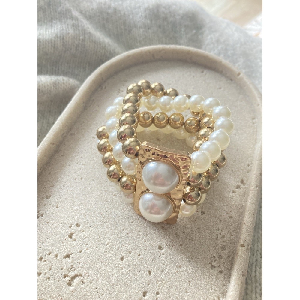 Gold Tone Faux Pearl Stretch Bracelet Set Stacked Beaded Hammered Bold Glam